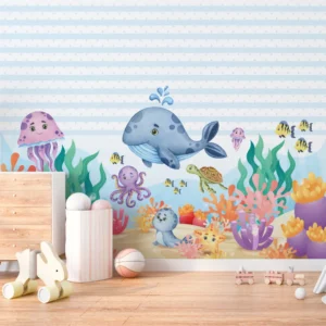 Papel de Parede Fundo do Mar com Animais Aquáticos e Corais