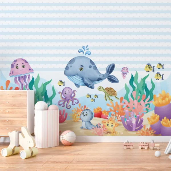 Papel de Parede Fundo do Mar com Animais Aquáticos e Corais
