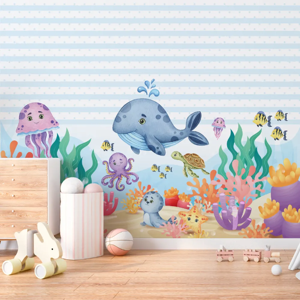 Papel de Parede Fundo do Mar com Animais Aquáticos e Corais