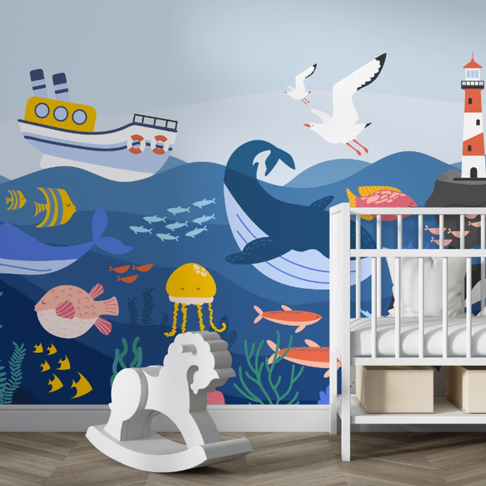 Design de papel de parede com tema marinho, incluindo animais do fundo do mar como peixes, corais e estrelas do mar.