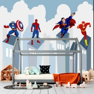 Papel de Parede Infantil Heróis com super-heróis em ação para decoração de quarto infantil