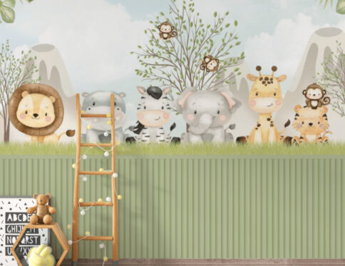 Papel de Parede Infantil Safari com Animais Fofos em um Cenário de Selva