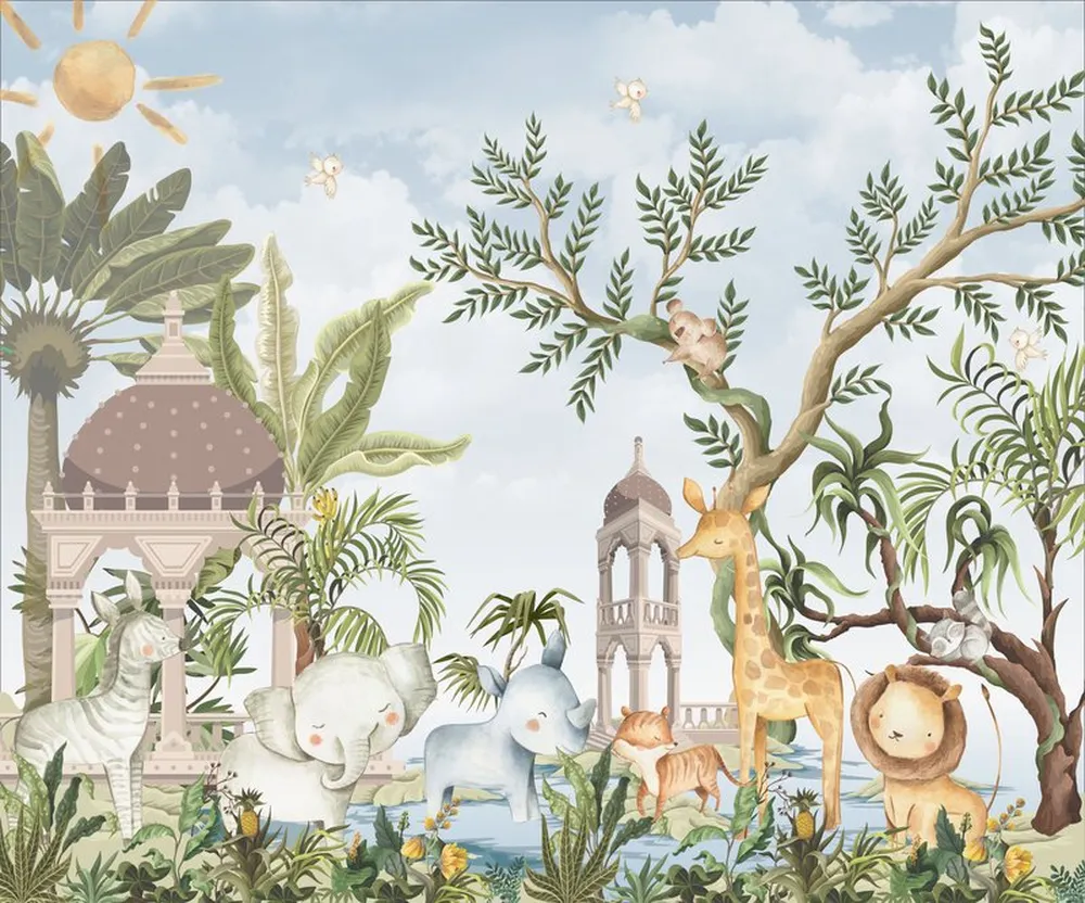 Papel de Parede Infantil Safari Aquarela com Animais e Elementos Tropicais