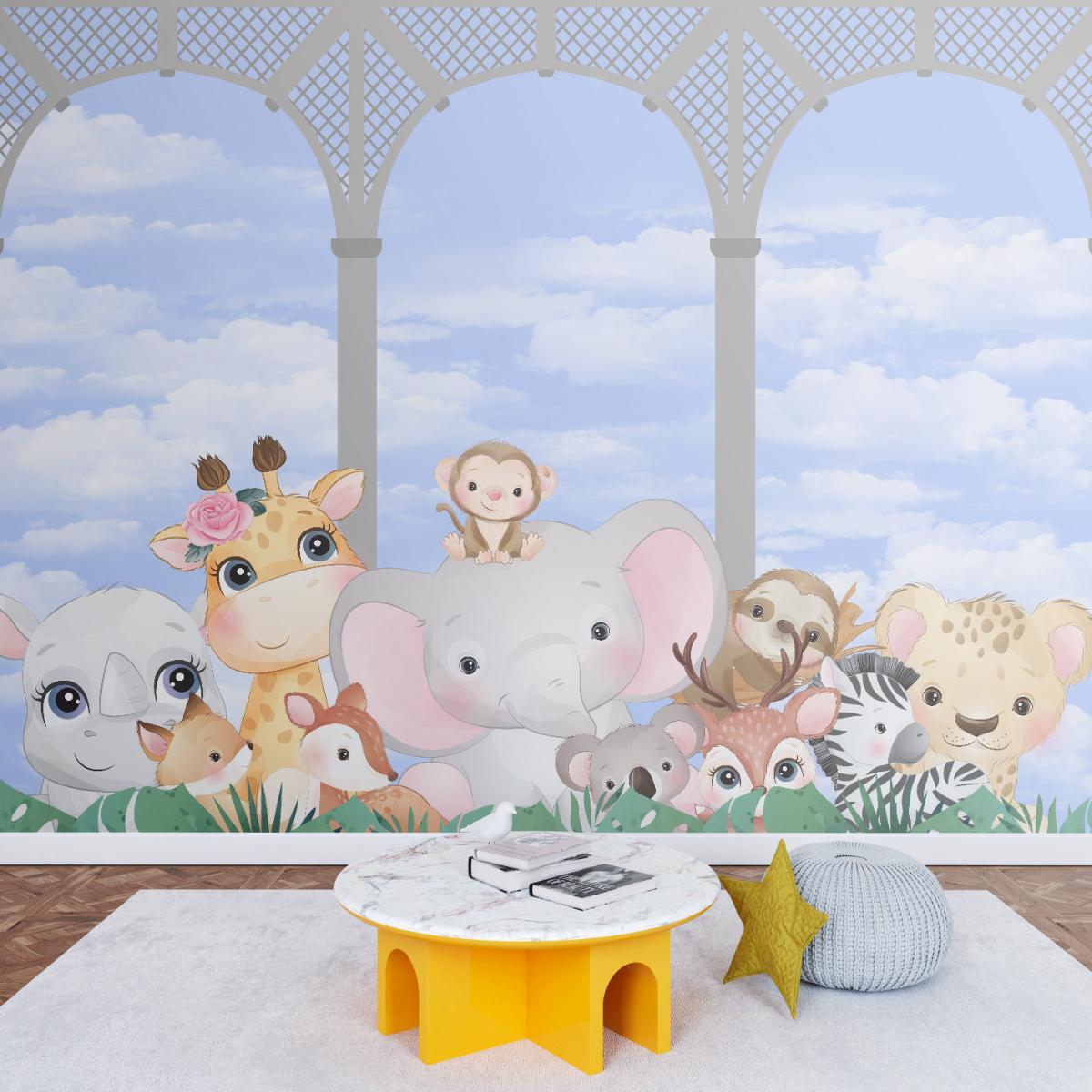 Decoração temática para quarto infantil com animais sorridentes entre folhagens, criando um ambiente lúdico e alegre.