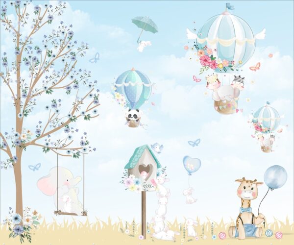 Ilustração infantil de bichinhos voando em balões, com cores suaves e detalhes delicados, ideal para decoração de quartos infantis.