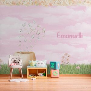 Papel de parede personalizado com nome infantil e elementos decorativos delicados