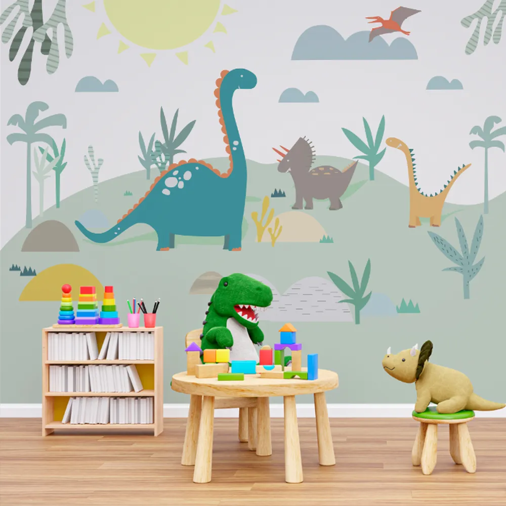 Papel de Parede Aquarela Mundo dos Dinossauros com Tons Suaves
