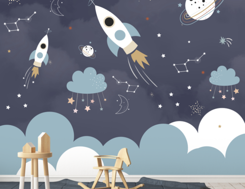 Papel de Parede Infantil de Foguetes e Estrelas no Céu Noturno