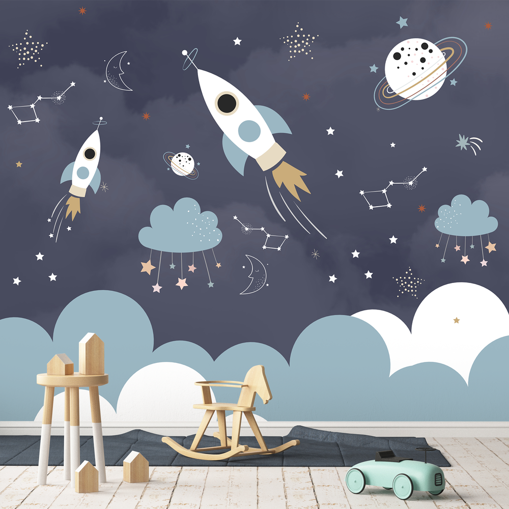 Papel de Parede Infantil de Foguetes e Estrelas no Céu Noturno