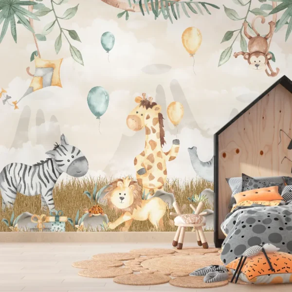 Papel de Parede Infantil Festa dos Animais com Balões e Aquarela