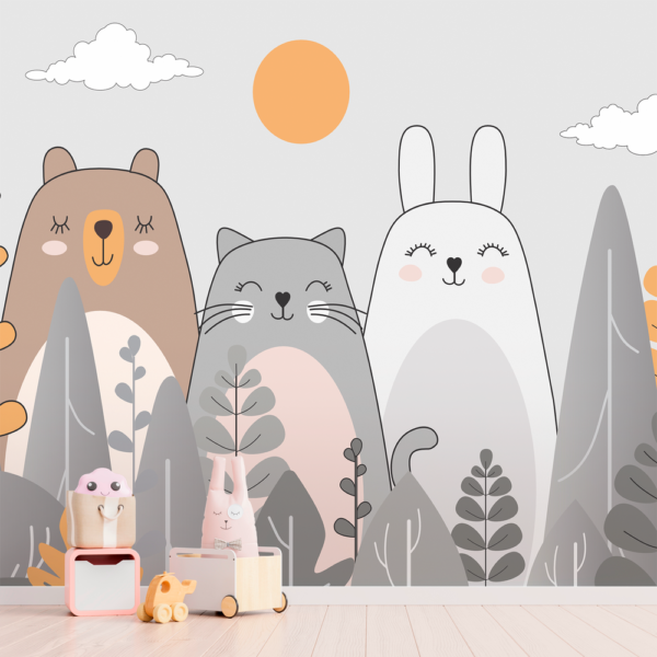Papel de Parede Floresta Encantada – Estampa com animais da floresta e árvores mágicas para quartos infantis.