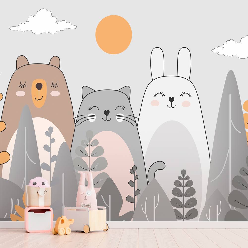Papel de Parede Floresta Encantada – Estampa com animais da floresta e árvores mágicas para quartos infantis.