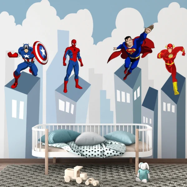 Papel de Parede Infantil Heróis com personagens da Marvel e DC para um quarto cheio de diversão.