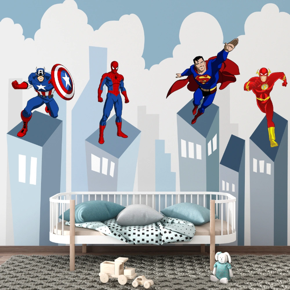 Papel de Parede Infantil Heróis com personagens da Marvel e DC para um quarto cheio de diversão.