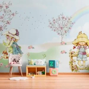 Papel de Parede Infantil Meninas no Jardim Encantado com Flores e Arco-íris