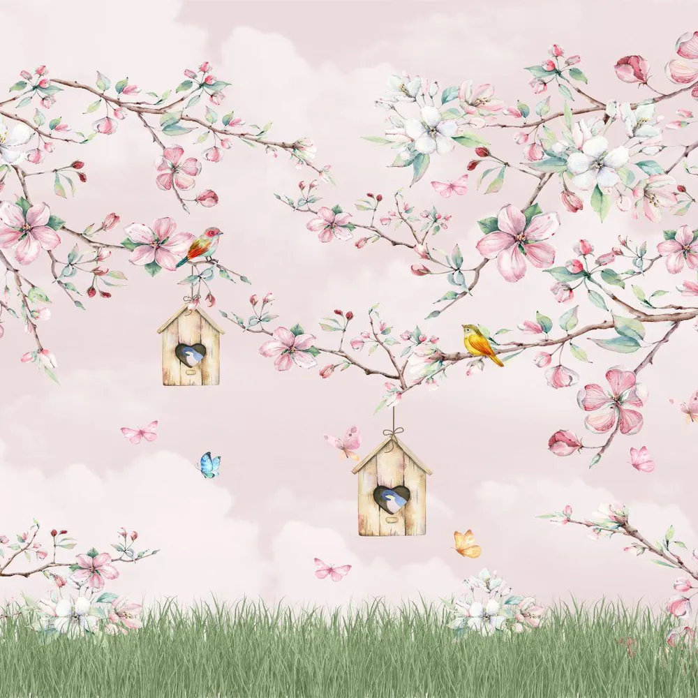 Papel de Parede Primavera com Passarinhos e Flores