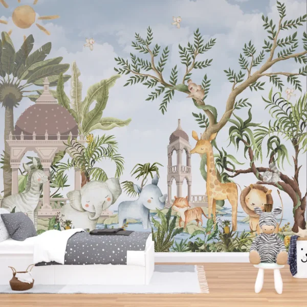 Papel de Parede Infantil Safari Aquarela com Animais e Elementos Tropicais