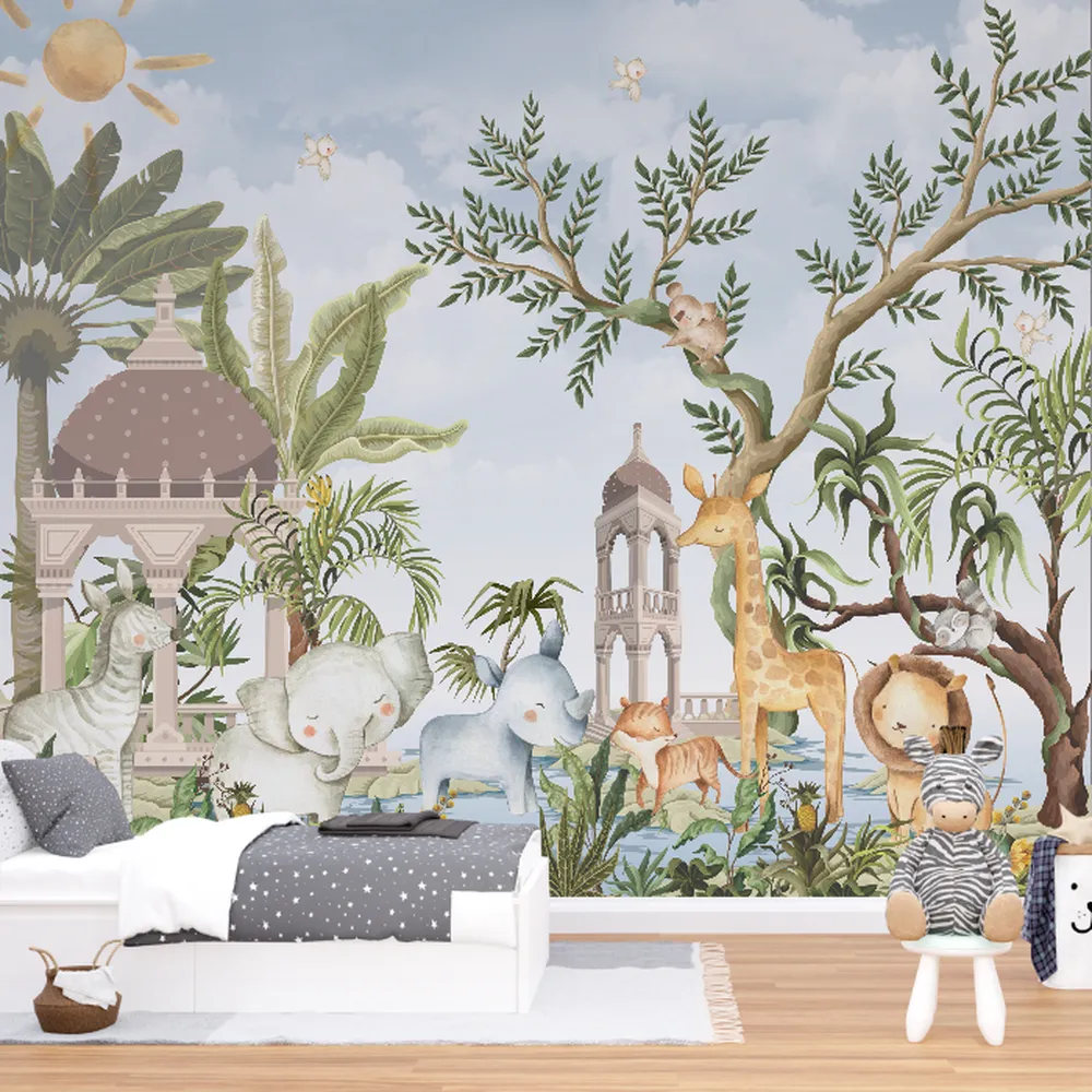 Papel de Parede Infantil Safari Aquarela com Animais e Elementos Tropicais