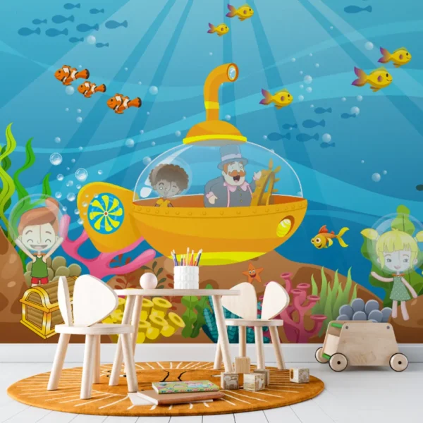 Papel de Parede Infantil Aventura Submarina com Peixes e Submarino