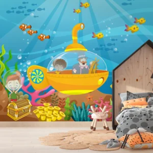 Papel de Parede Infantil Aventura Submarina com Peixes e Submarino