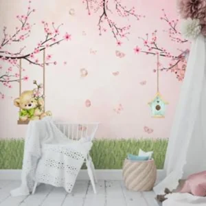 Papel de Parede Primavera com Ursinho e Casinha de Pássaros