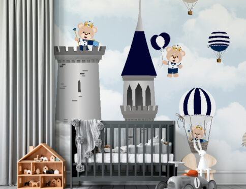 Papel de Parede Ursinho Príncipe Azul com balões e castelo