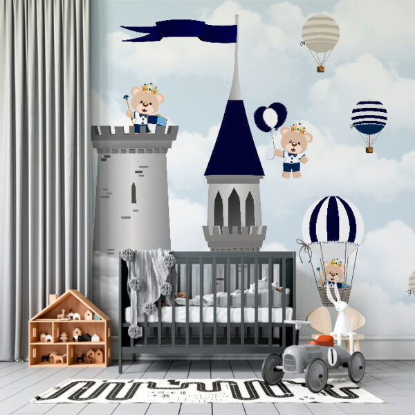 Papel de Parede Ursinho Príncipe Azul com balões e castelo