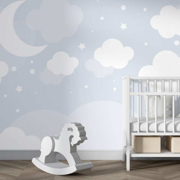 Papel de Parede Lua e Estrelas Azul Claro para Quarto Infantil