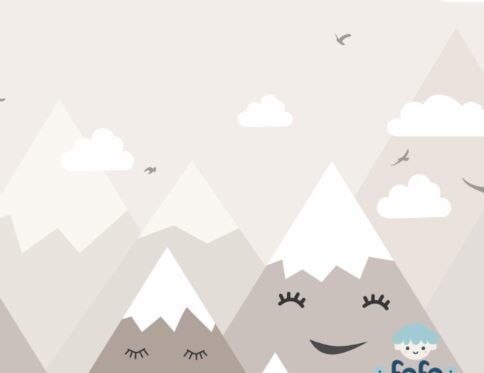 Papel de parede montanhas sorridentes para decoração de quarto infantil moderno.
