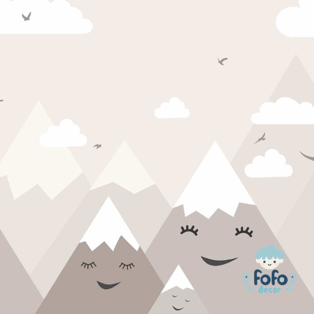 Papel de parede montanhas sorridentes para decoração de quarto infantil moderno.