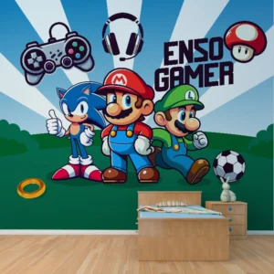 Papel de parede gamer com Mario, Sonic e Luigi para quarto geek.