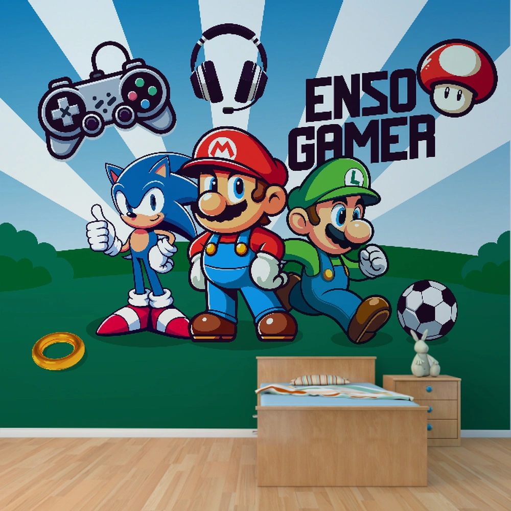 Papel de parede gamer com Mario, Sonic e Luigi para quarto geek.