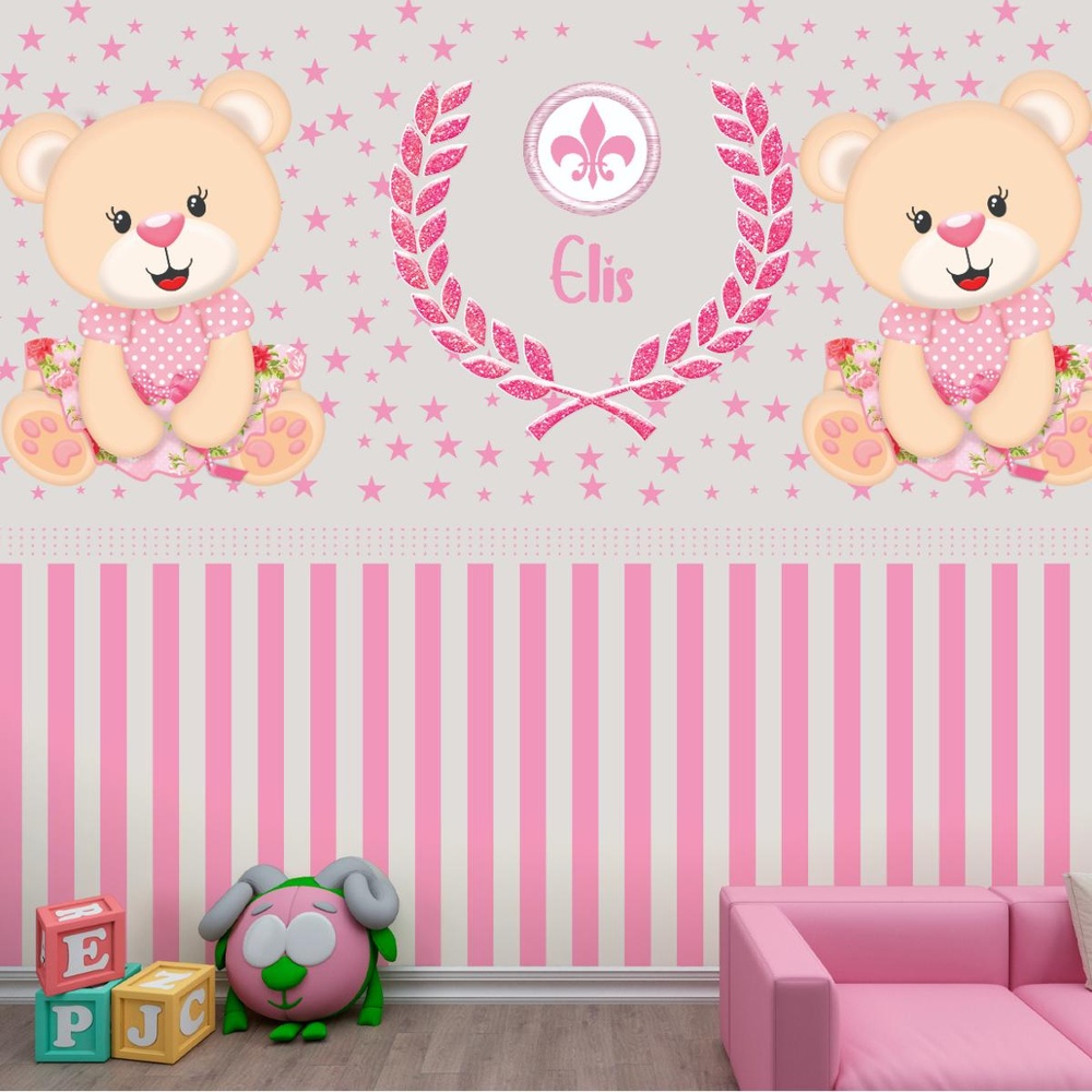 Design encantador com ursinhas sorridentes e detalhes delicados em tons de rosa, trazendo aconchego e carinho ao ambiente.