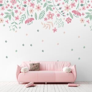Estampa minimalista com flores suaves e detalhes verdes, ideal para decoração leve.