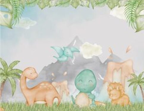 Decoração infantil temática do Mundo dos Dinossauros, com dinossauros fofinhos e elementos naturais, criando um ambiente divertido e educativo.
