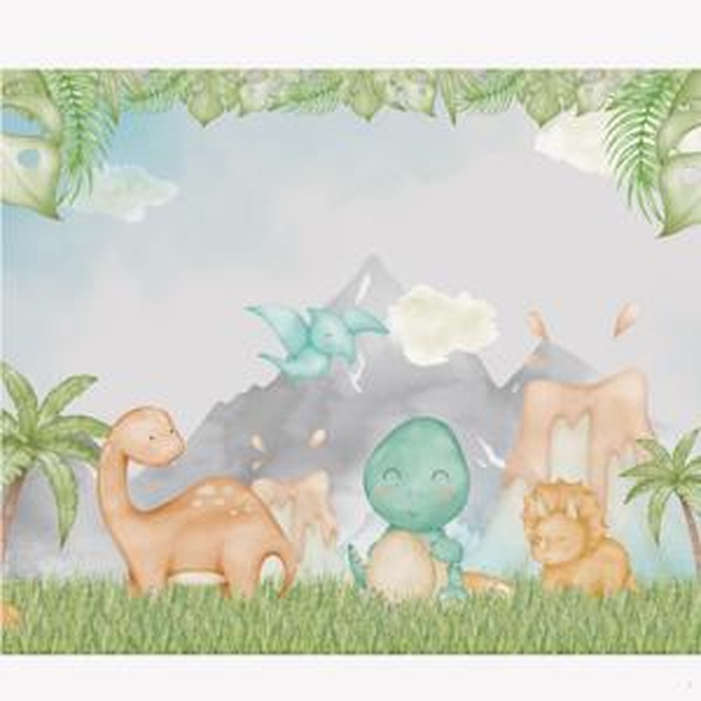 Decoração infantil temática do Mundo dos Dinossauros, com dinossauros fofinhos e elementos naturais, criando um ambiente divertido e educativo.