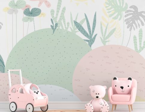 Papel de Parede Folhagem Pastel com tons suaves e folhagens tropicais.