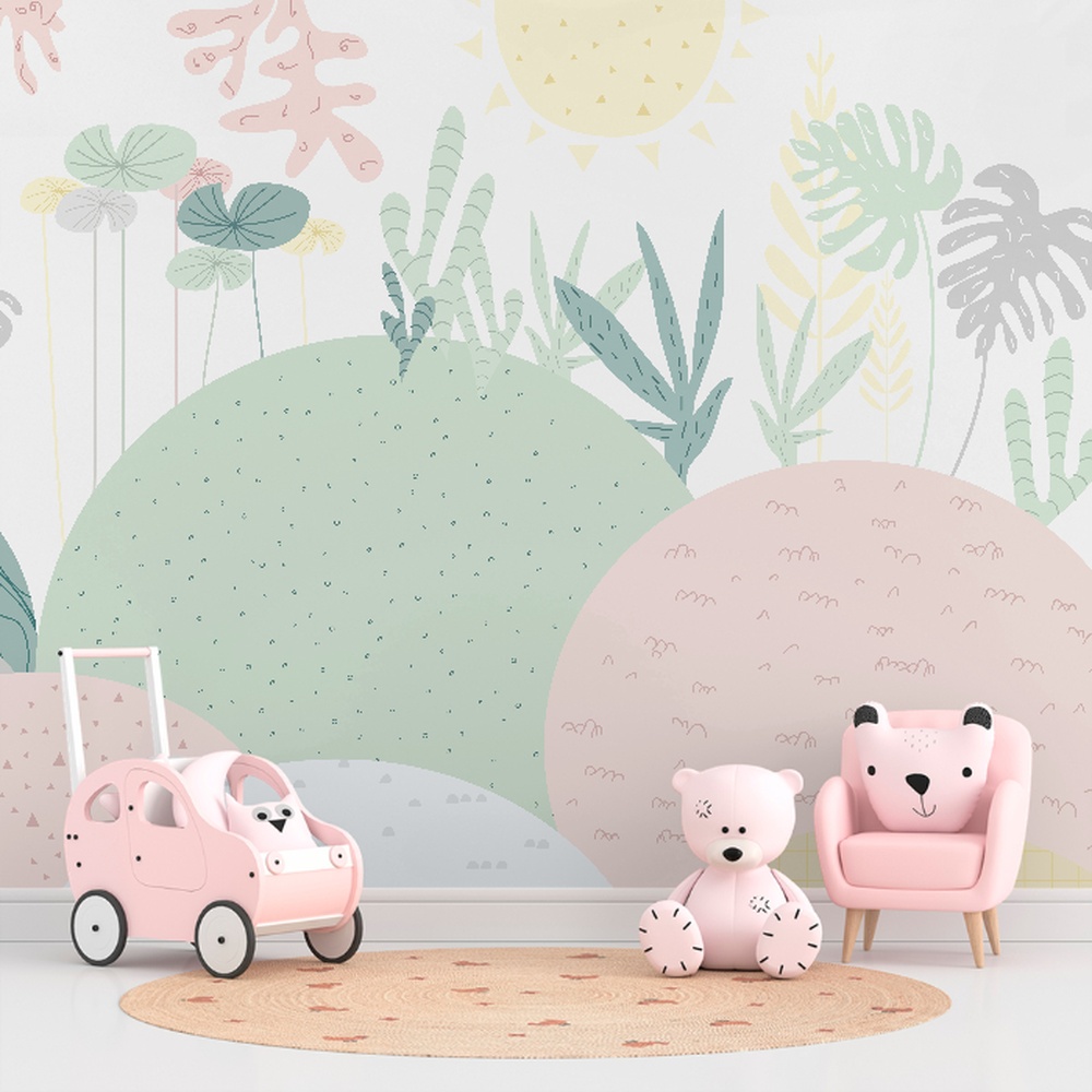 Papel de Parede Folhagem Pastel com tons suaves e folhagens tropicais.
