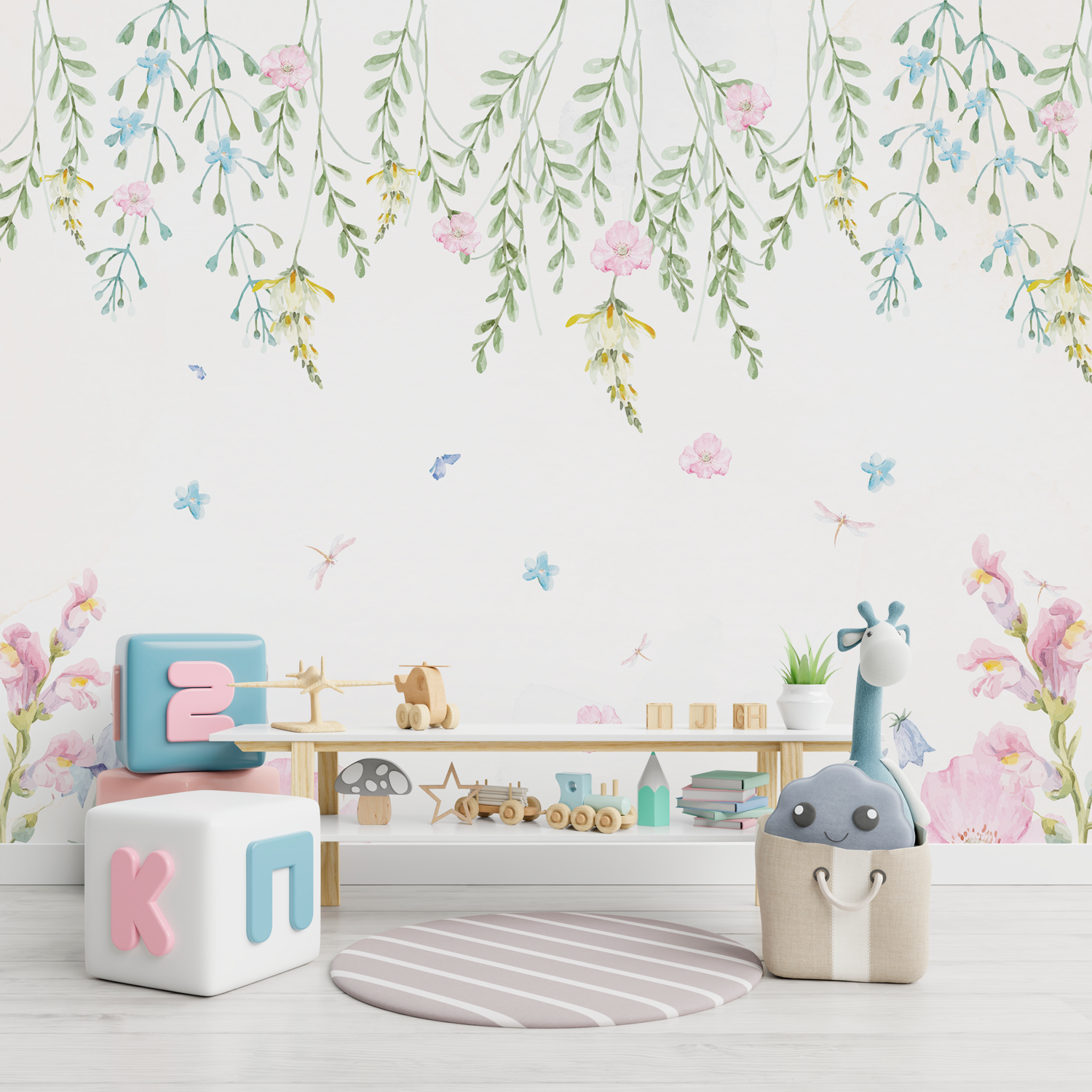 Papel de parede natureza suave com folhagens verdes e flores aquareladas.