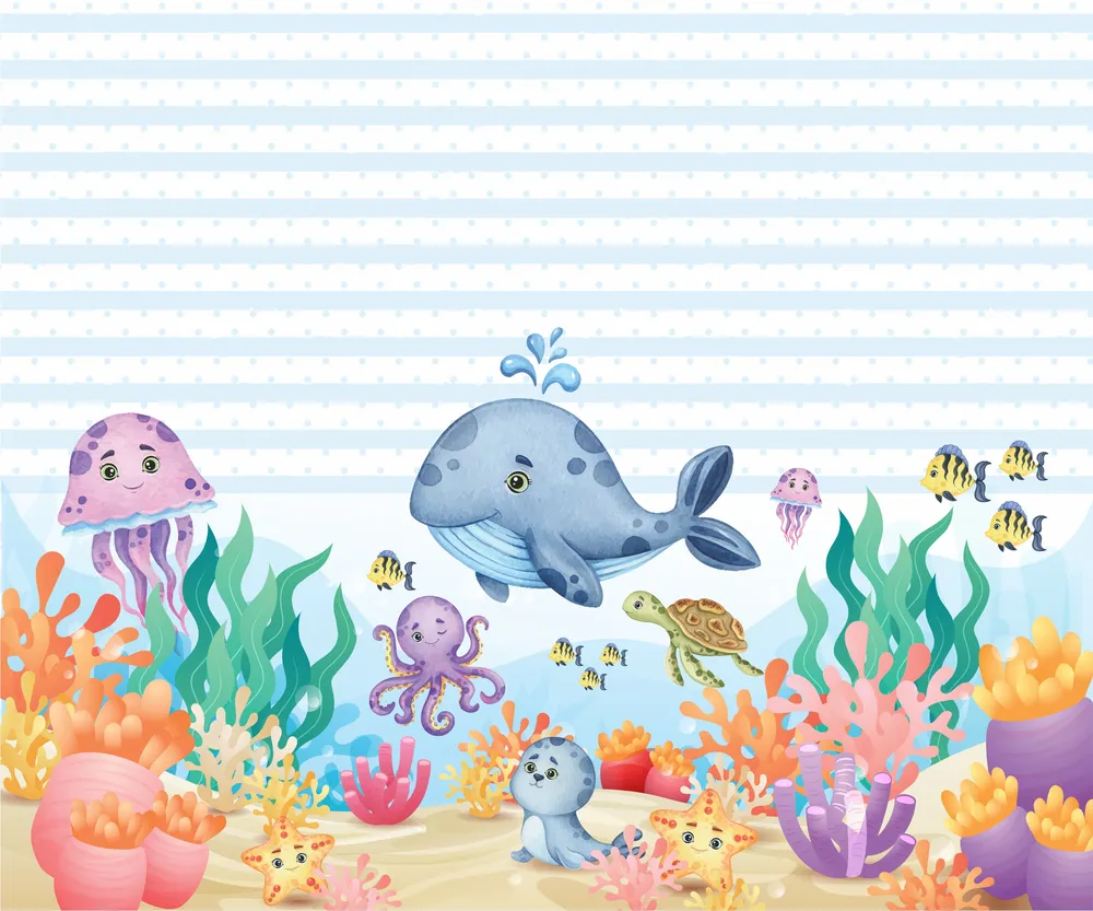 Papel de Parede Fundo do Mar com Animais Aquáticos e Corais