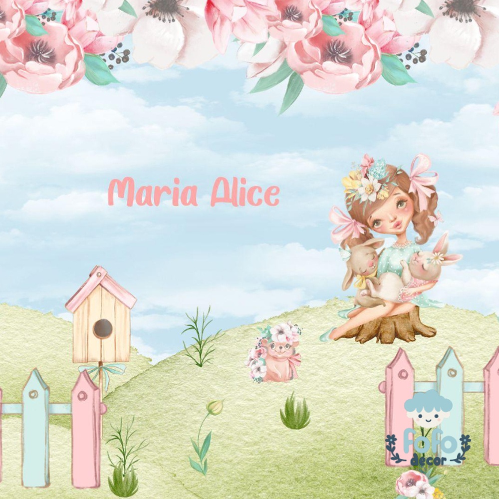 Decoração encantadora com flores, menina fofa e bichinhos em um cenário campestre.