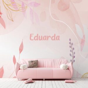 Papel de parede personalizado com nome Eduarda, tons rosa suaves e folhagens elegantes.