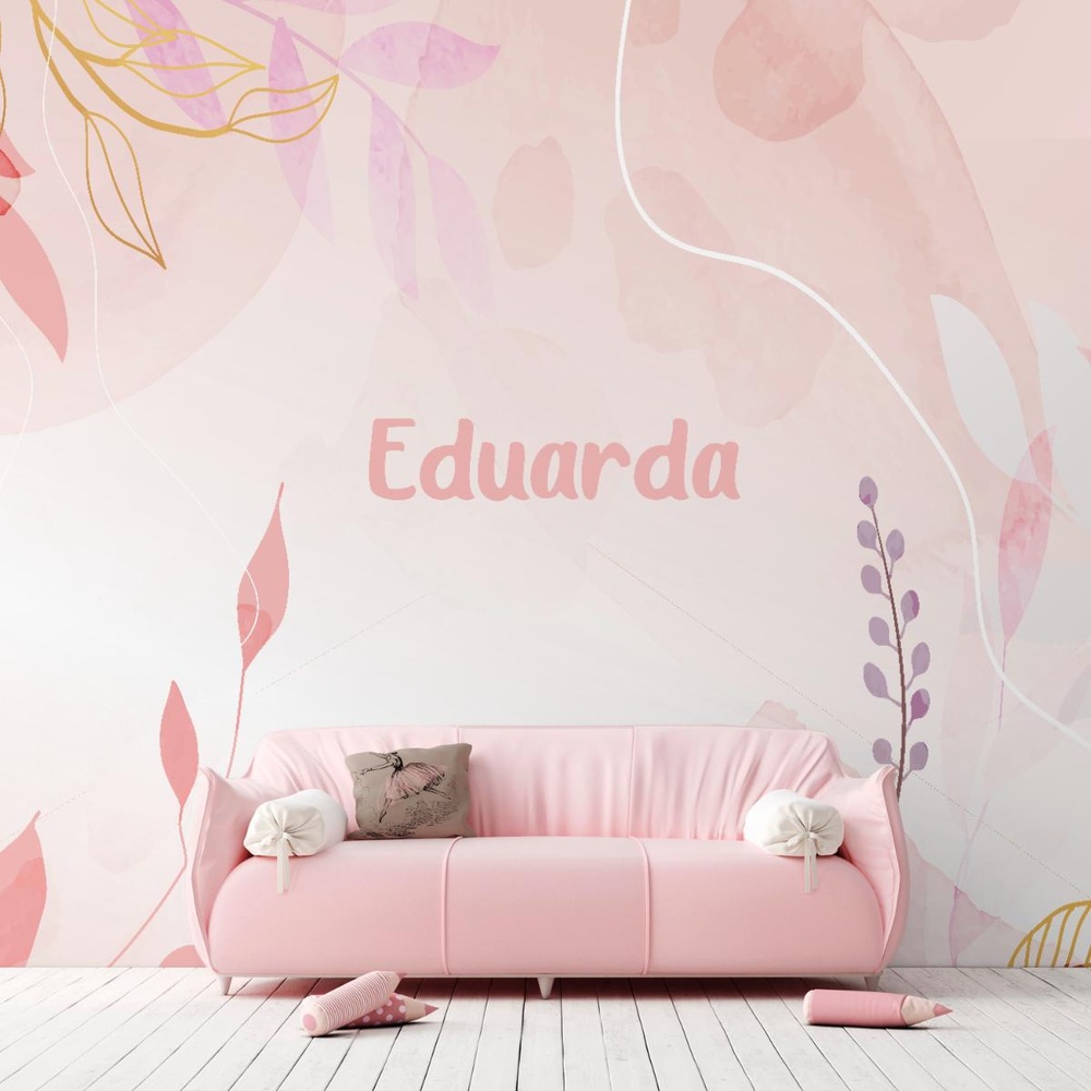 Papel de parede personalizado com nome Eduarda, tons rosa suaves e folhagens elegantes.