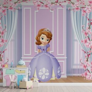 Papel de parede infantil com uma jovem princesa em um cenário real encantador.