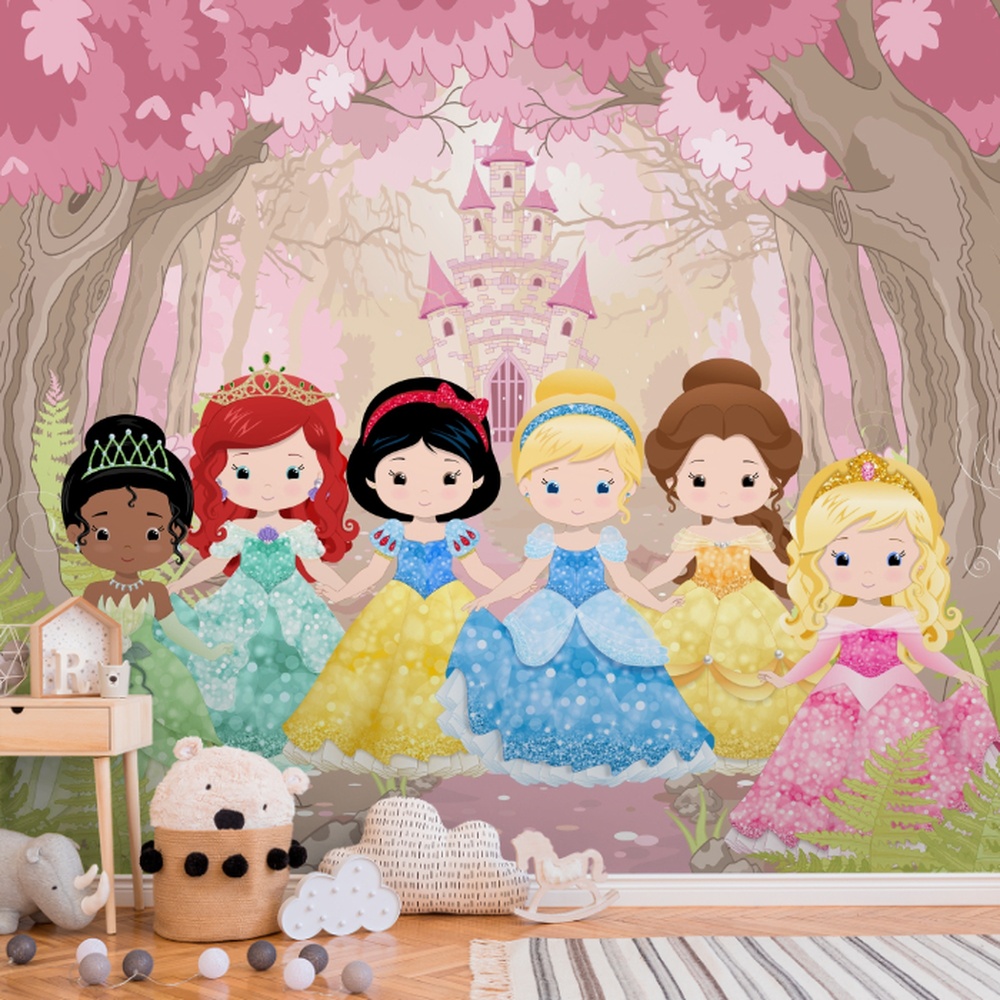 Ilustração fofa de várias princesas em um bosque encantado com um castelo ao fundo.