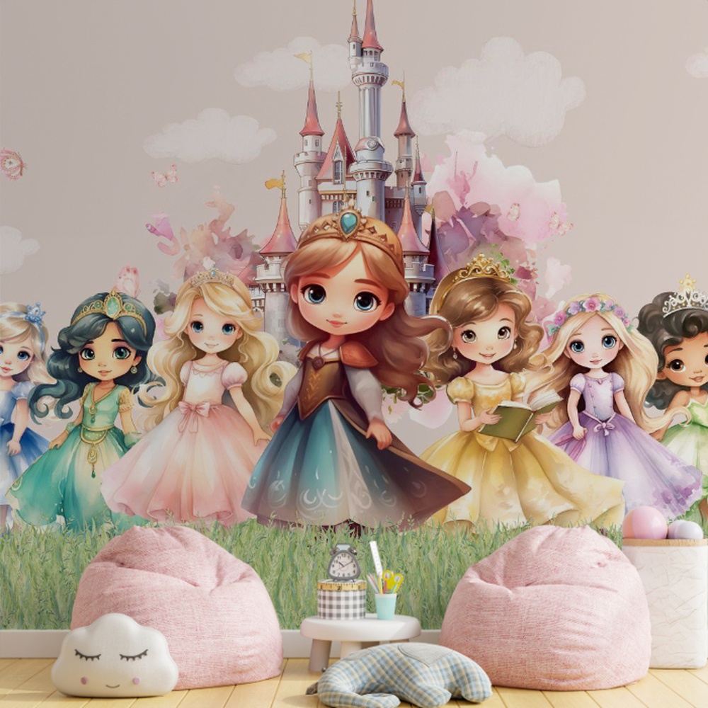 Arte digital encantadora com pequenas princesas sorridentes em um campo gramado, com um castelo de contos de fadas ao fundo.