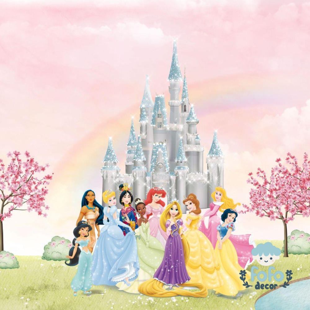 Arte digital das icônicas princesas da Disney vestidas com seus trajes clássicos, posicionadas em um ambiente mágico com árvores floridas e um castelo reluzente.
