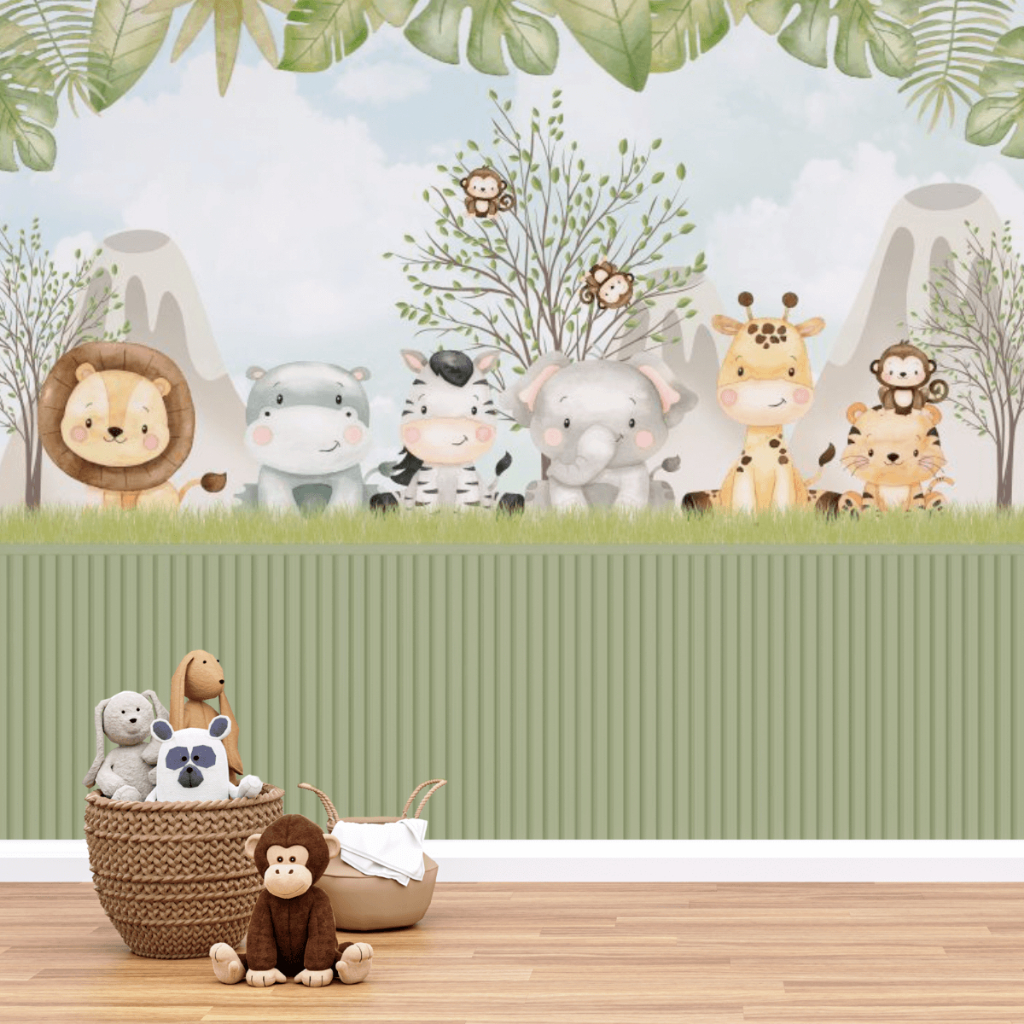 Papel de Parede Safari Fofo com animais da selva e brinquedos infantis em primeiro plano