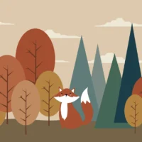 Papel de parede infantil com raposa e árvores coloridas.