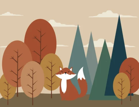 Papel de parede infantil com raposa e árvores coloridas.
